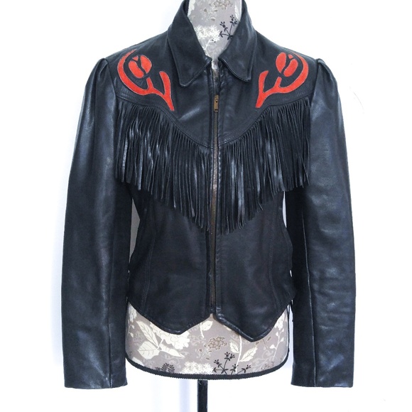 U.S. Made Jackets & Blazers - Sz 8 Black Leather Fringe Biker Jacket Rose 😻